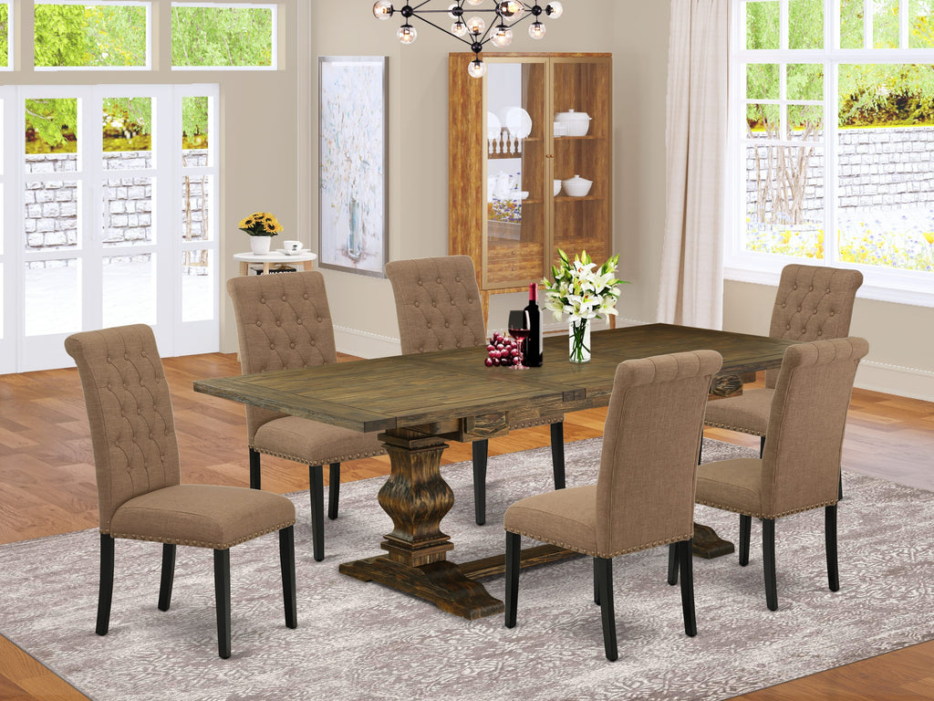 LABR7-1W-UY 7-Piece Set with Rectangular Butterfly Leaf Table & 6 Sable Linen Chairs, Jacobean Finish, 42x92 In.