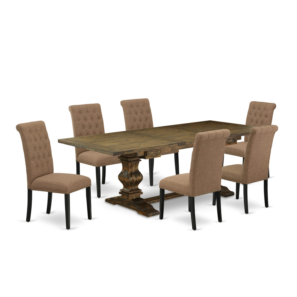 LABR7-1W-UY 7-Piece Set with Rectangular Butterfly Leaf Table & 6 Sable Linen Chairs, Jacobean Finish, 42x92 In.