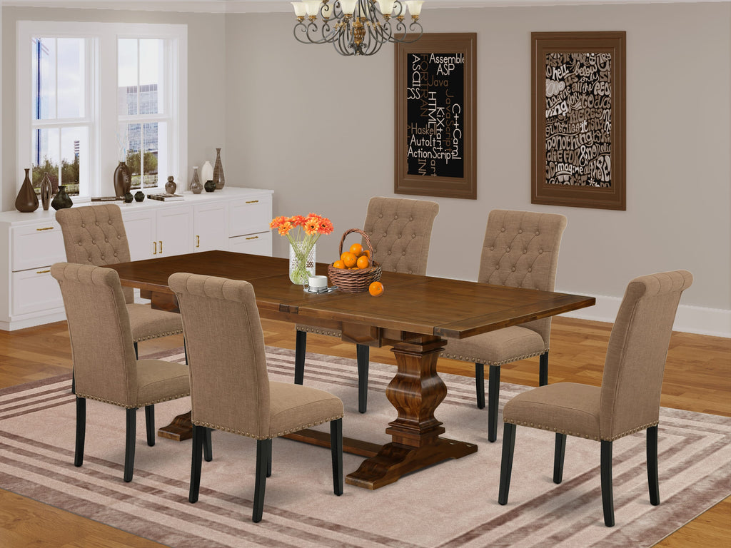 LABR7-BL-68 Premium 7-Piece Dining Set with Rectangle Table and 6 Sable Fabric Chairs, Butterfly Leaf Design, Walnut Finish