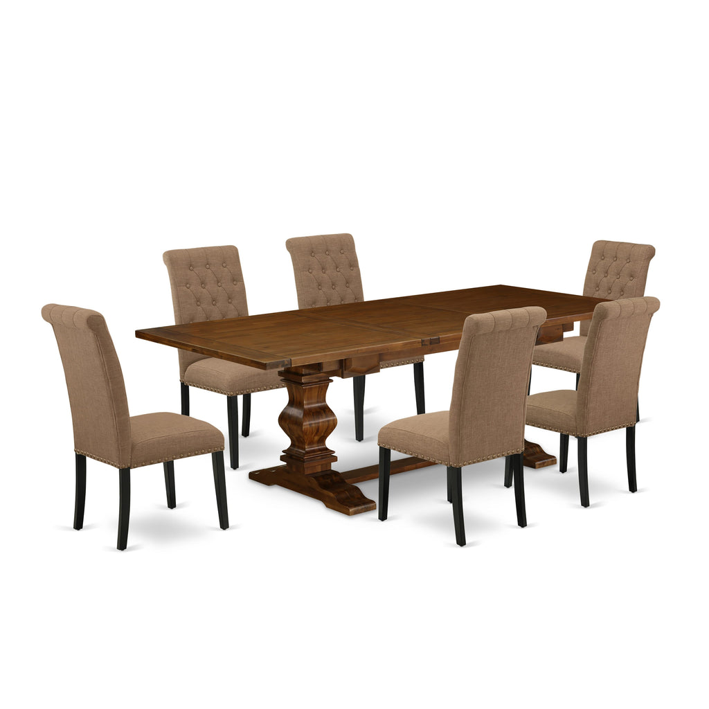 LABR7-BL-68 Premium 7-Piece Dining Set with Rectangle Table and 6 Sable Fabric Chairs, Butterfly Leaf Design, Walnut Finish