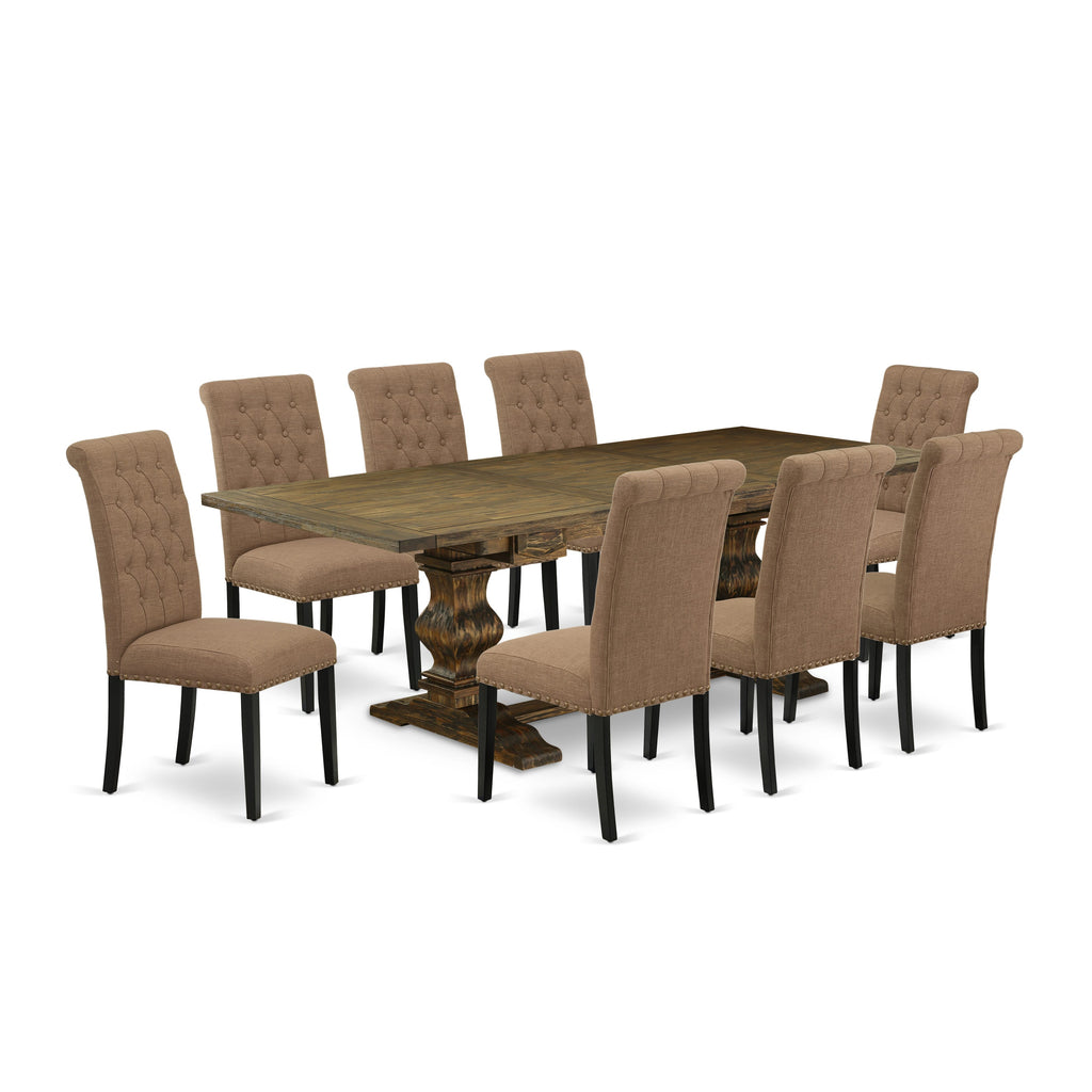 LABR9-04-ZQ 9-Piece Set with Extended Dining Table & 8 Luxe Linen Parsons Chairs, Jacobean Finish