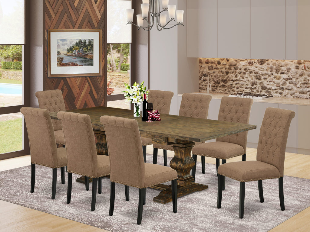 LABR9-04-ZQ 9-Piece Set with Extended Dining Table & 8 Luxe Linen Parsons Chairs, Jacobean Finish