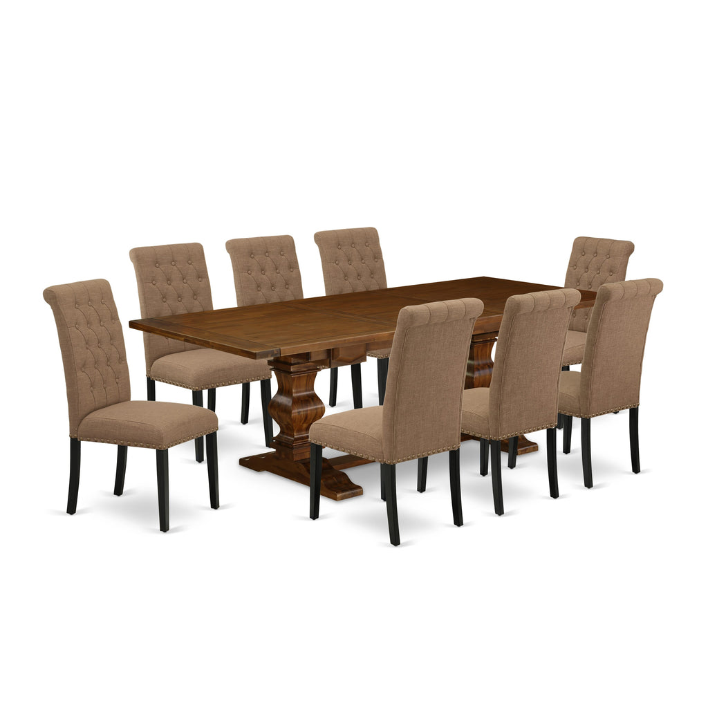 LABR9-4A-ZV 9-Piece Set Rectangular Dining Table with Butterfly Extension & 8 Linen Chairs in Walnut Finish for a Stylish Room Update