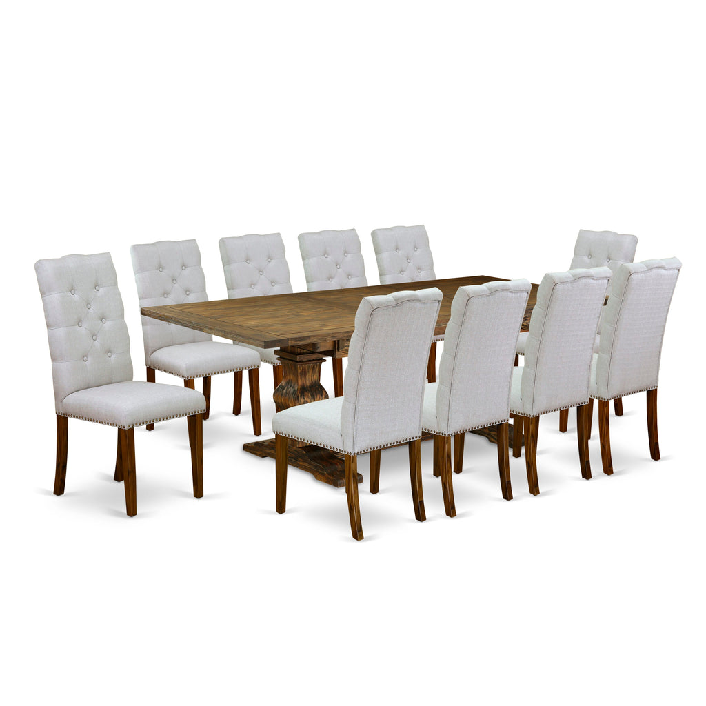 LAEL1L-UW-BE 11-Piece Rectangle Dining Set with Expandable Leaf and 10 Upholstered Chairs, 42x92 Inch, Jacobean Style