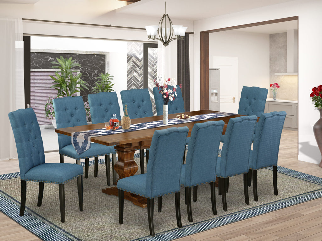 LAEL17-JM-MC Luxurious Dining Ensemble 11-Piece Set with Huge Rectangle Table & 10 Blue Parsons Chairs, Walnut Finish