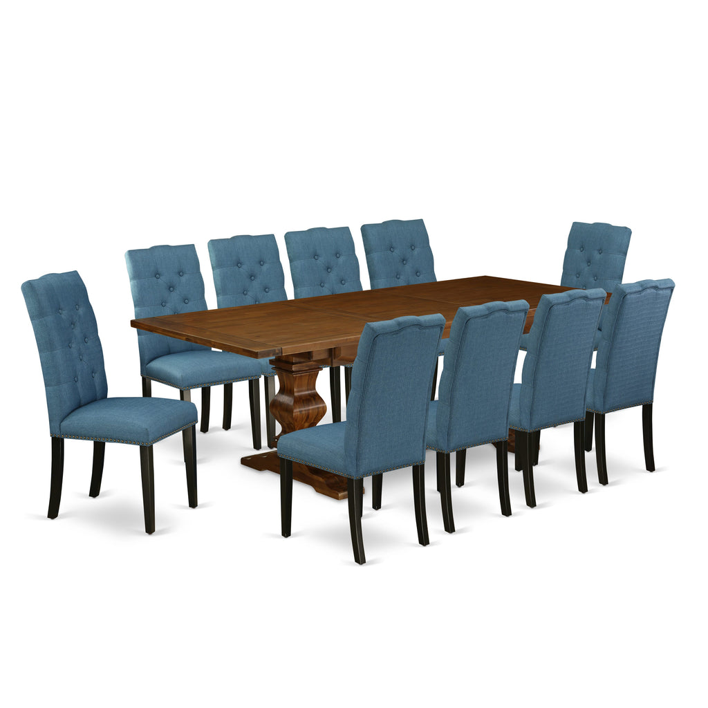 LAEL17-JM-MC Luxurious Dining Ensemble 11-Piece Set with Huge Rectangle Table & 10 Blue Parsons Chairs, Walnut Finish