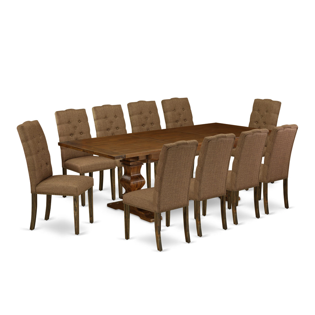 LAEL1Q-S6-9O Majestic 11-Piece Wooden Dining Ensemble with Butterfly Leaf and 10 Tufted Chairs - Walnut Elegance