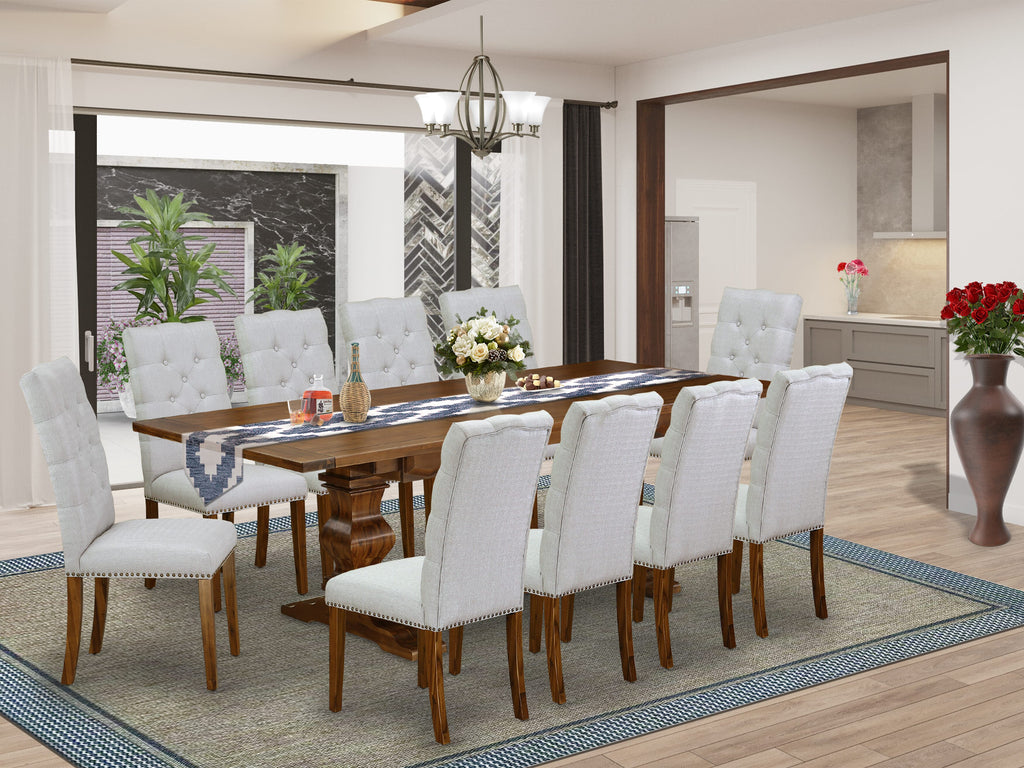 11-Piece Dining Set LAEL1J-L7-KC Elegant Rectangular Wood Table with Leaf & 10 Grey Parsons Chairs, Walnut Finish, 42x92 In