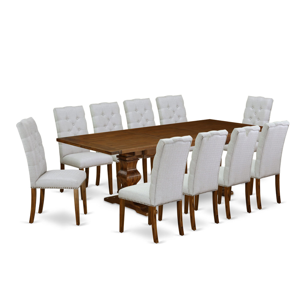 11-Piece Dining Set LAEL1J-L7-KC Elegant Rectangular Wood Table with Leaf & 10 Grey Parsons Chairs, Walnut Finish, 42x92 In