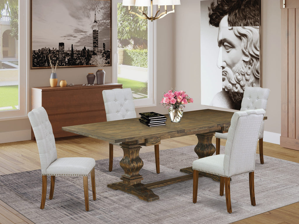 LAEL5-1L-S5 Elegant 5 Piece Dining Set with Expanding Leaf Table & 4 Upholstered Grey Chairs, Warm Jacobean