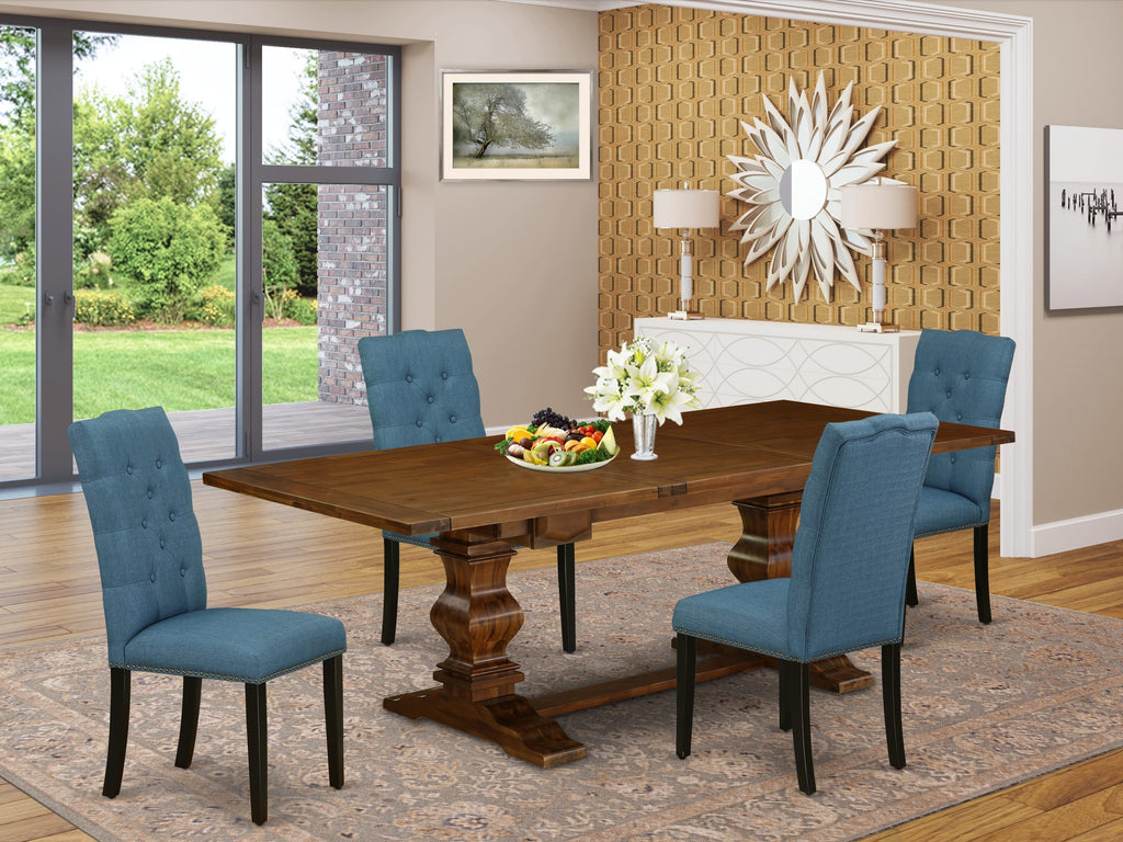 Brighten Up Your Dining Space LAEL5-N0-2V 5-Piece Set with Walnut Dining Table & Blue Upholstered Chairs