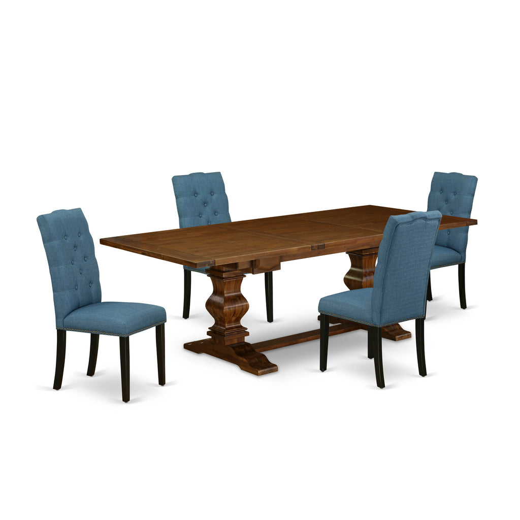 Brighten Up Your Dining Space LAEL5-N0-2V 5-Piece Set with Walnut Dining Table & Blue Upholstered Chairs