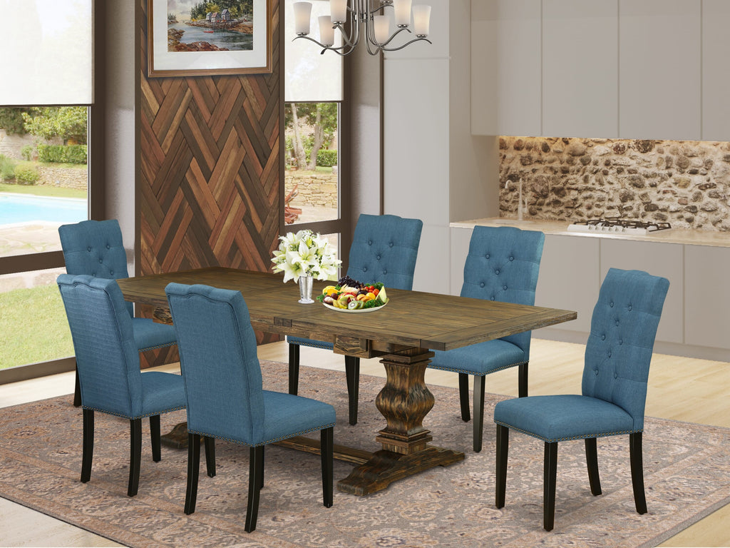 LAEL7-J6-Z1 Set of 7 Rectilinear Table with Extendable Leaf & 6 Upholstered Seats in Blue Textile, 42x92 Jacobean