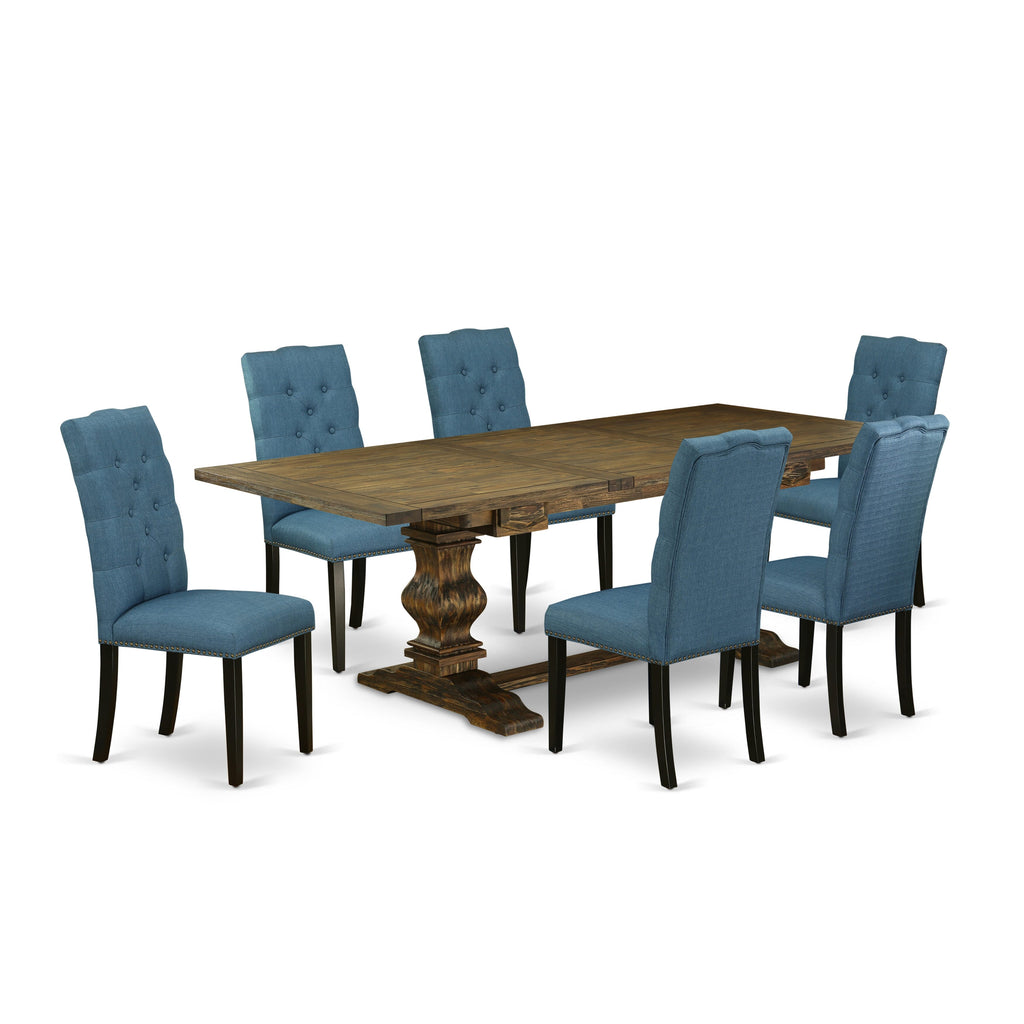 LAEL7-J6-Z1 Set of 7 Rectilinear Table with Extendable Leaf & 6 Upholstered Seats in Blue Textile, 42x92 Jacobean