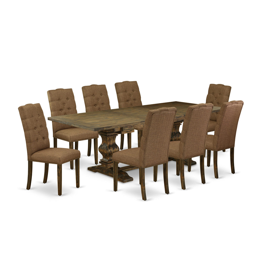 LAEL9-6A-FZ 9-Piece Dining Ensemble with Extended Butterfly Table & 8 Upholstered Chairs, Jacobean Finish