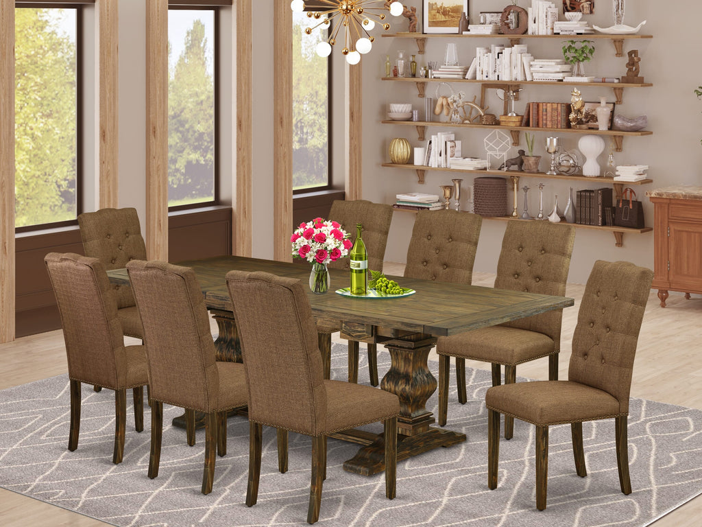 LAEL9-6A-FZ 9-Piece Dining Ensemble with Extended Butterfly Table & 8 Upholstered Chairs, Jacobean Finish
