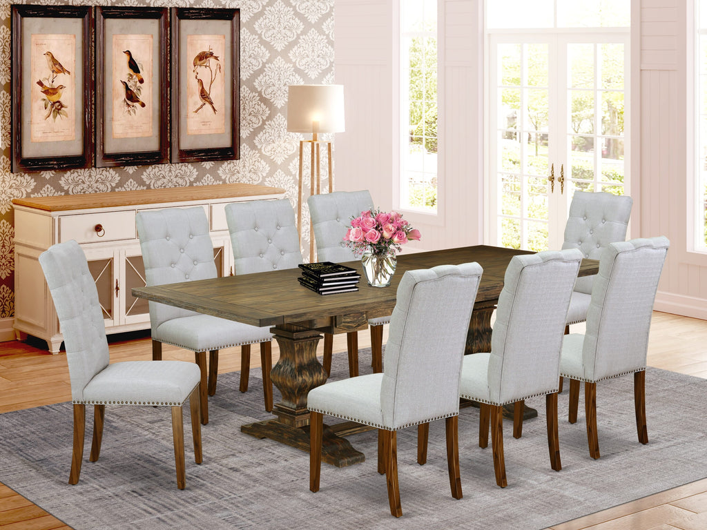 LAEL9-OW-59 Deluxe 9-Piece Dining Suite with Extendable Table and Eight Upholstered Grey Chairs in Rich Jacobean Finish