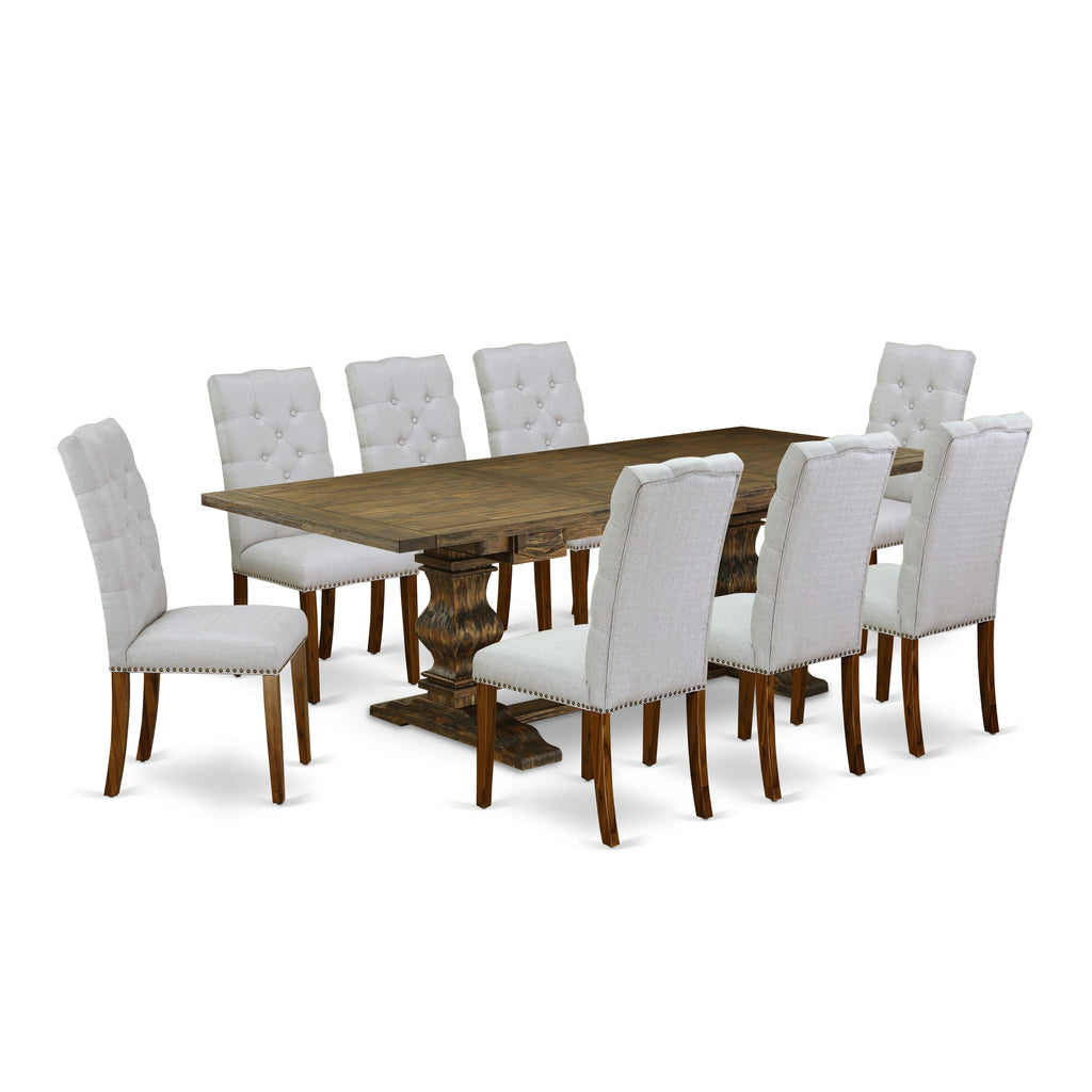 LAEL9-OW-59 Deluxe 9-Piece Dining Suite with Extendable Table and Eight Upholstered Grey Chairs in Rich Jacobean Finish