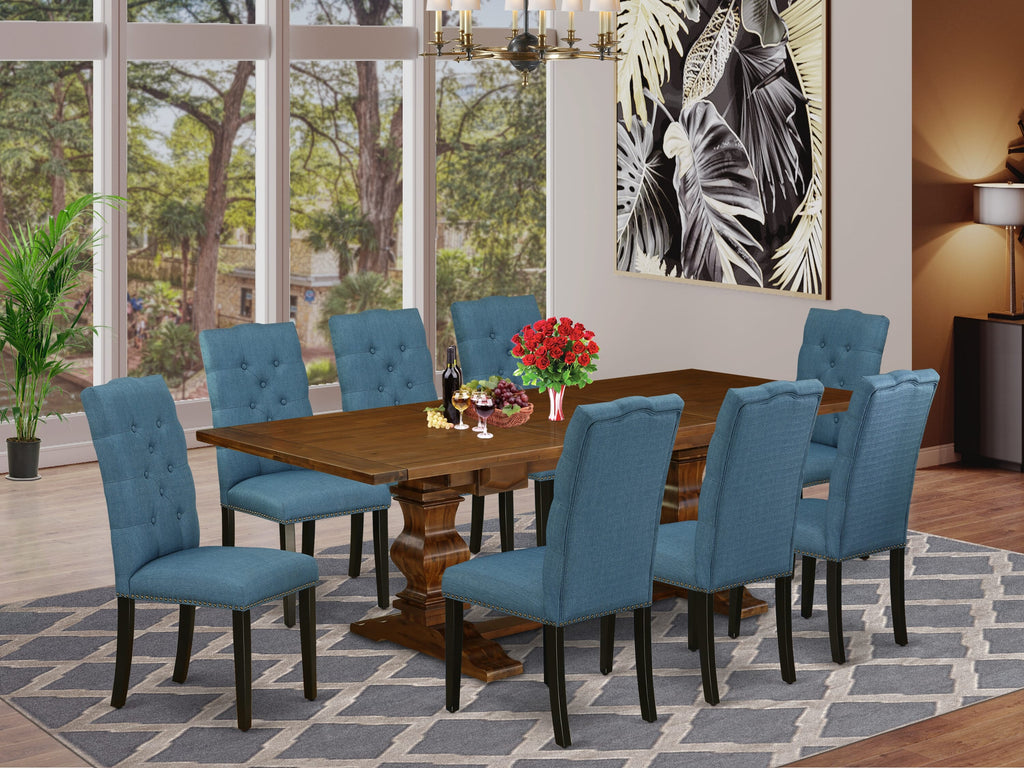 LAEL9-F1-X1 Elegant 9-Piece Dining Set with Extendable Table and 8 Blue Chairs, Walnut Finish