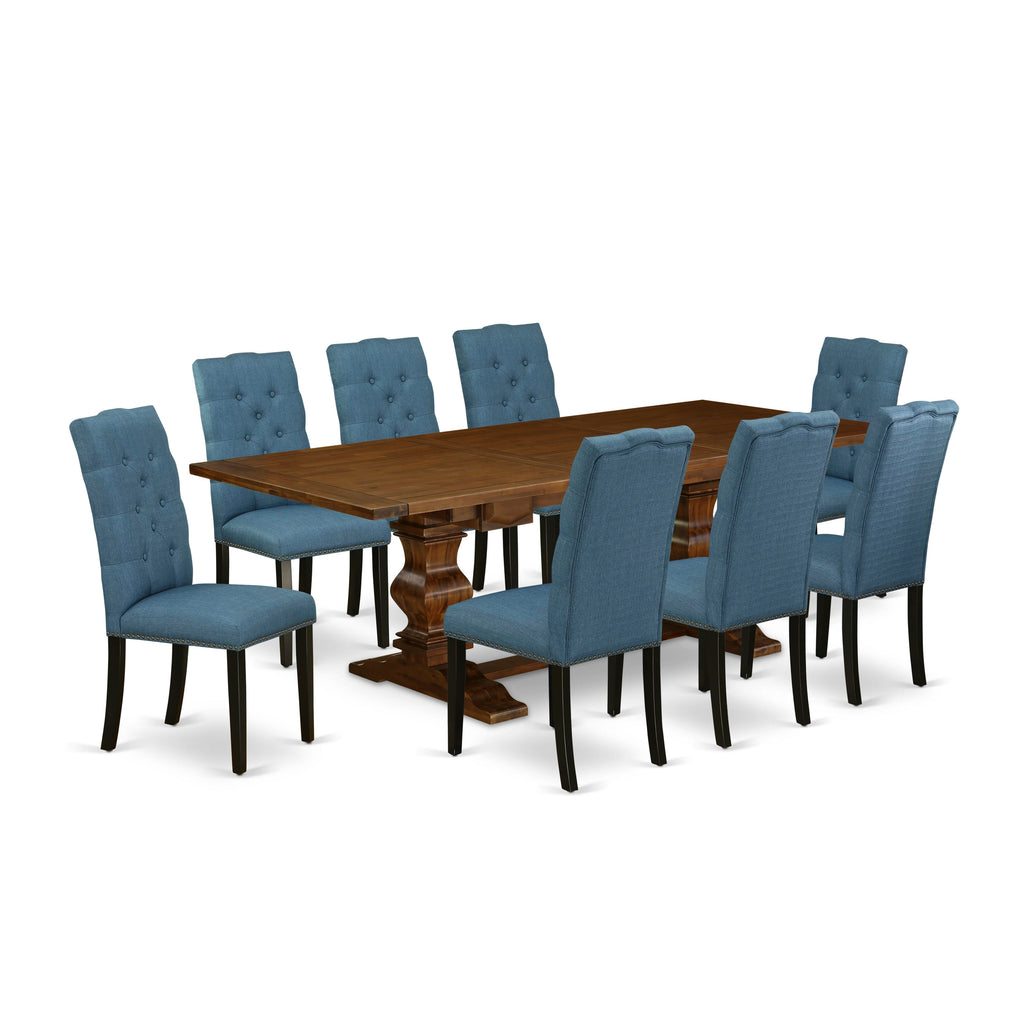 LAEL9-F1-X1 Elegant 9-Piece Dining Set with Extendable Table and 8 Blue Chairs, Walnut Finish