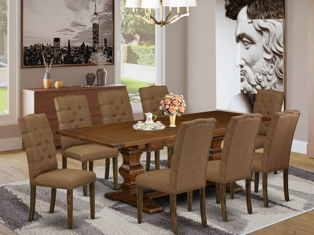 LAEL9-XI-WQ 9-Piece Walnut Rectangular Dining Table Set with Butterfly Leaf and 8 Elegant Brown Upholstered Chairs