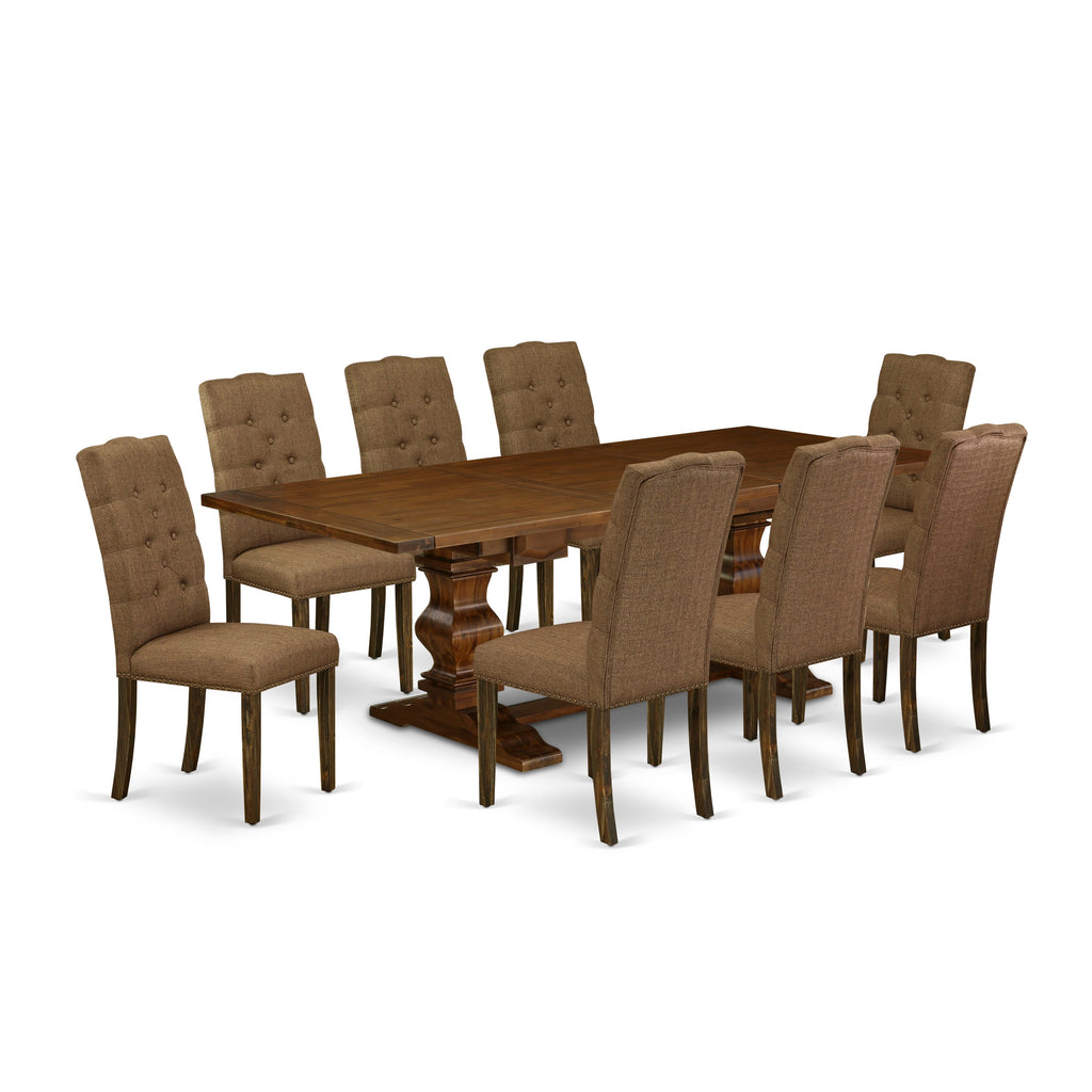 LAEL9-XI-WQ 9-Piece Walnut Rectangular Dining Table Set with Butterfly Leaf and 8 Elegant Brown Upholstered Chairs