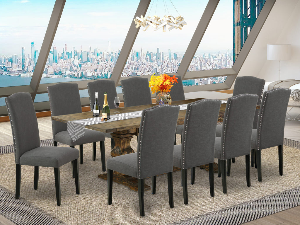 LAEN1R-WA-AK Stylish 11 Piece Dining Ensemble with Expansive Table Featuring Butterfly Extension & 10 Chic Dark Upholstered Seats, 42x92 Jacobean Design