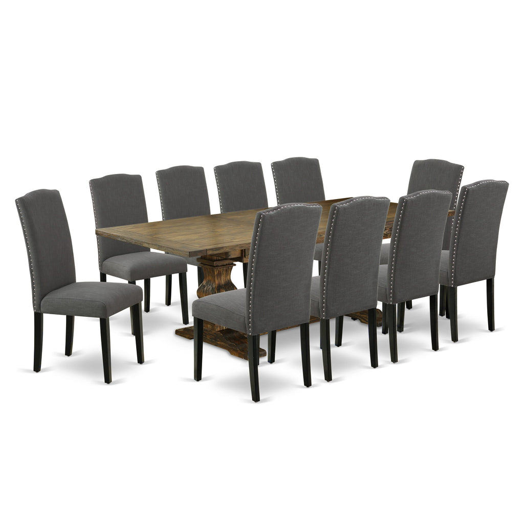 LAEN1R-WA-AK Stylish 11 Piece Dining Ensemble with Expansive Table Featuring Butterfly Extension & 10 Chic Dark Upholstered Seats, 42x92 Jacobean Design