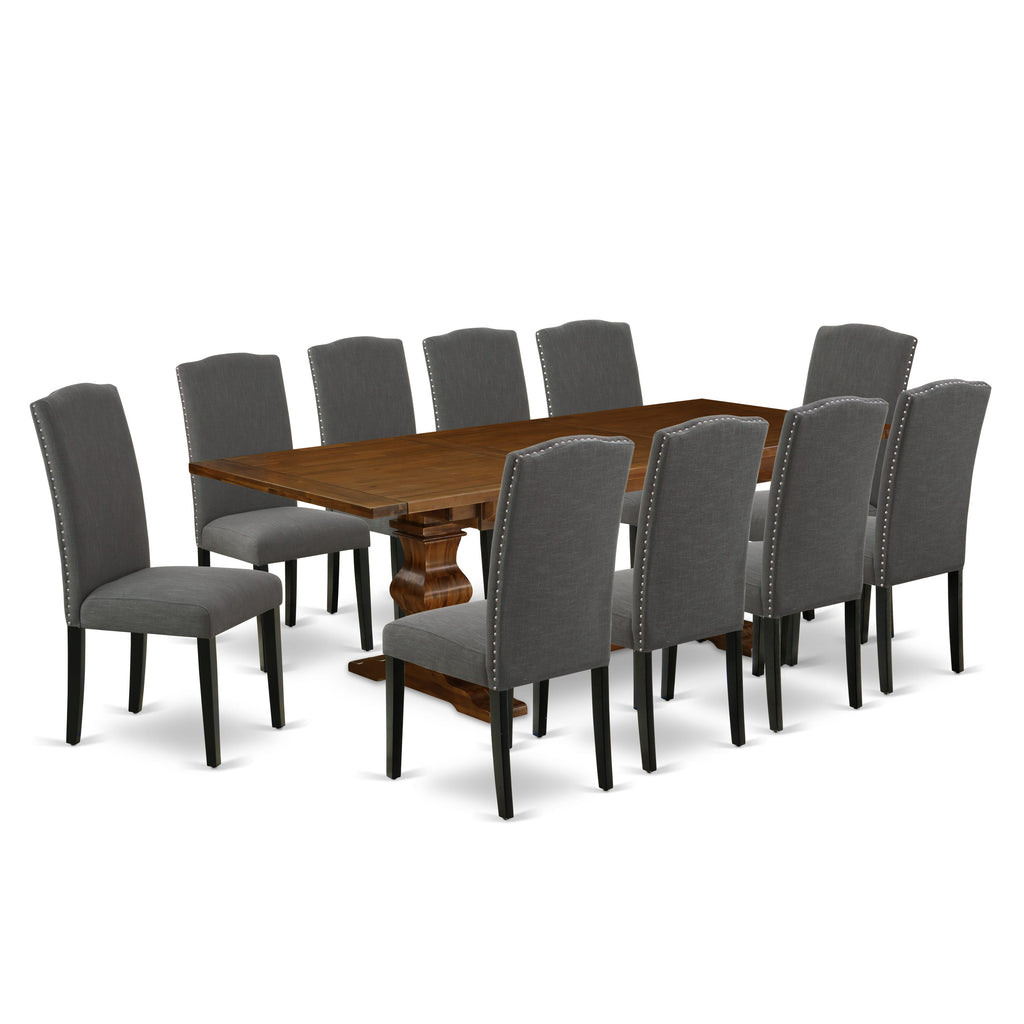 LAEN16-A0-DH 16 Piece Dinner Collection Sturdy Walnut Rectangle Table with Butterfly Leaf and 10 Dark Gotham Chair Set