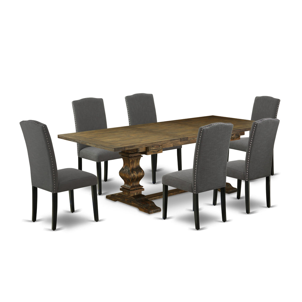 Dining Set LAEN7-F7-NH 7-Piece Rectangular Table with Extension Leaf & 6 Gotham Chairs, 42x92 Inch, Jacobean Elegance