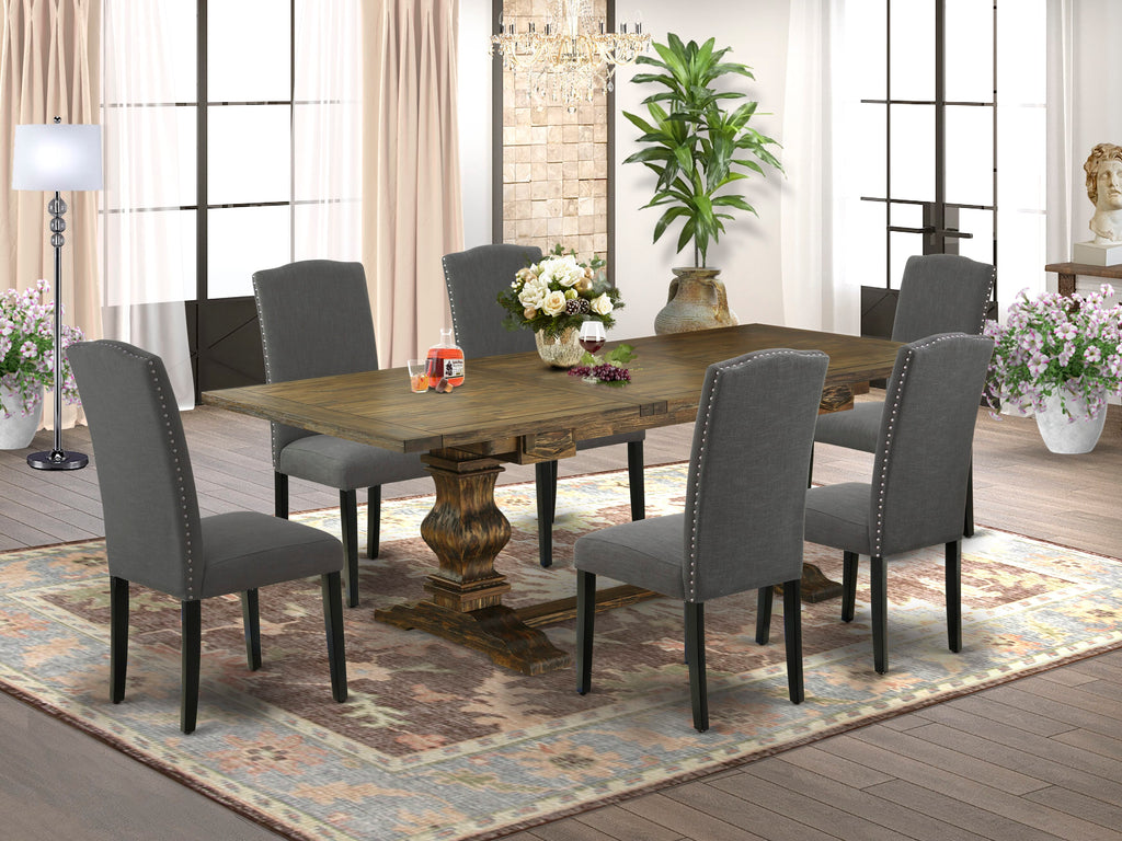 Dining Set LAEN7-F7-NH 7-Piece Rectangular Table with Extension Leaf & 6 Gotham Chairs, 42x92 Inch, Jacobean Elegance