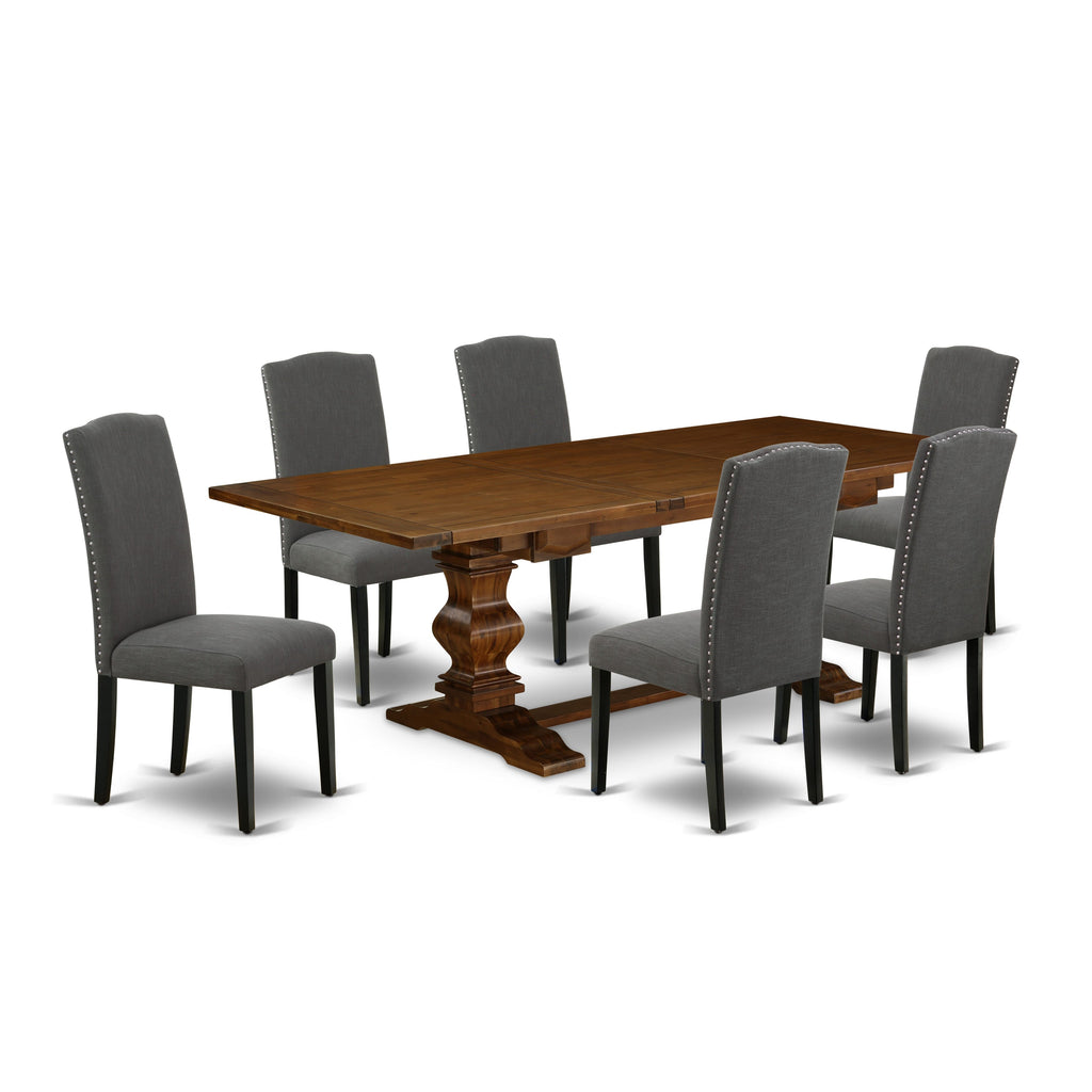 LAEN7-D4-UK 7-Piece Dining Ensemble with Expanding Table & 6 Linen Chairs, Gotham Grey, Walnut Finish