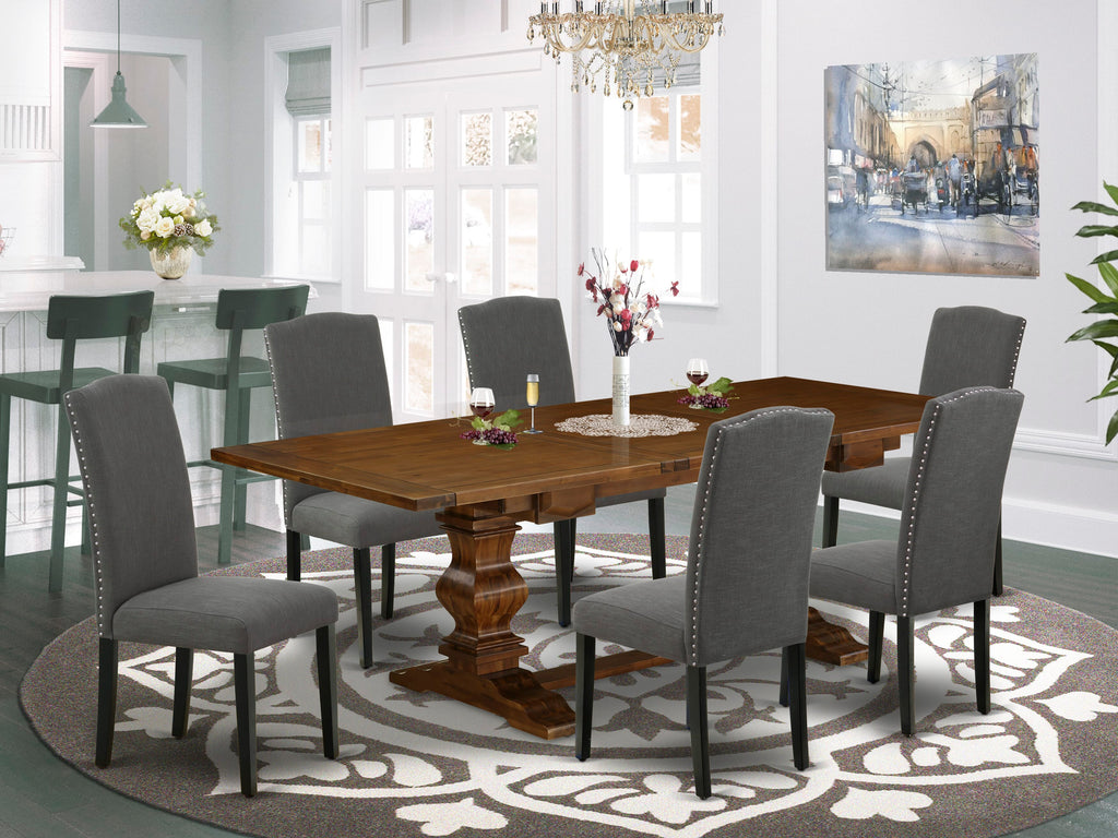 LAEN7-D4-UK 7-Piece Dining Ensemble with Expanding Table & 6 Linen Chairs, Gotham Grey, Walnut Finish