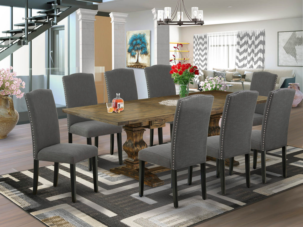 LAEN9-GK-E9 9-Piece Dining Set with Rectangular Extendable Table & 8 Linen Chairs, Jacobean Finish