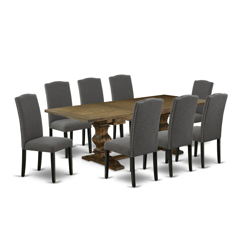 LAEN9-GK-E9 9-Piece Dining Set with Rectangular Extendable Table & 8 Linen Chairs, Jacobean Finish