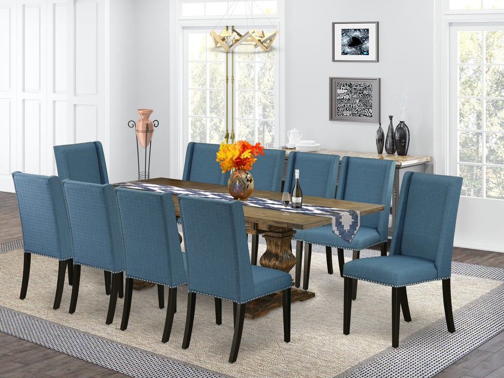 LAFL1C-03-YP 11-Piece Dining Ensemble with Rectangle Wood Table & 10 Blue Linen Upholstered Chairs, 42x92 Jacobean