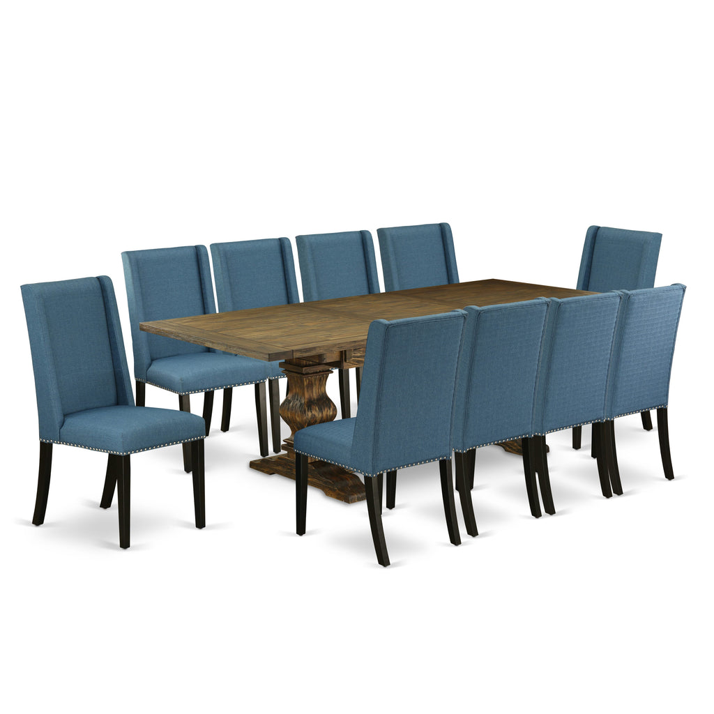 LAFL1C-03-YP 11-Piece Dining Ensemble with Rectangle Wood Table & 10 Blue Linen Upholstered Chairs, 42x92 Jacobean