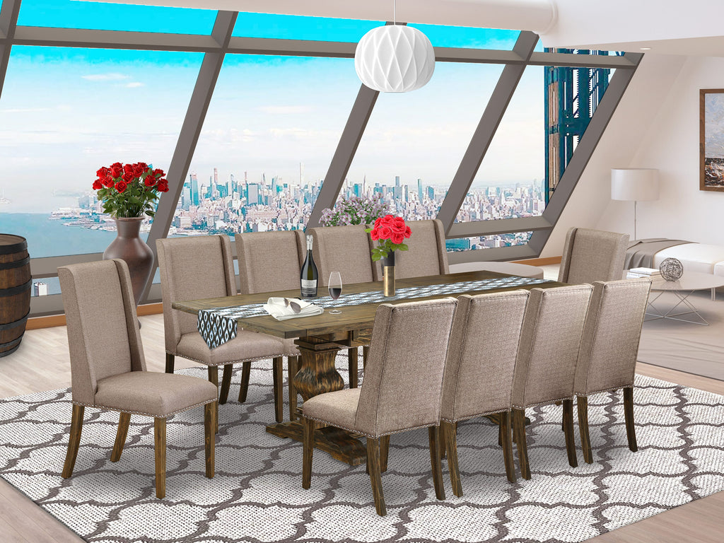 LAFL19-QP-ES 11-Piece Rectangular Dining Collection with Butterfly Leaf and 10 Khaki Linen Chairs, 42x92 Inch, Jacobean Finish