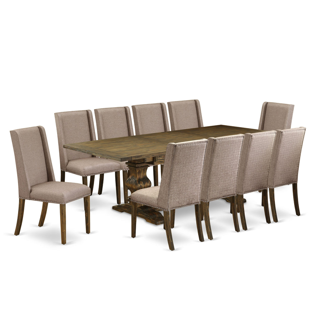 LAFL19-QP-ES 11-Piece Rectangular Dining Collection with Butterfly Leaf and 10 Khaki Linen Chairs, 42x92 Inch, Jacobean Finish