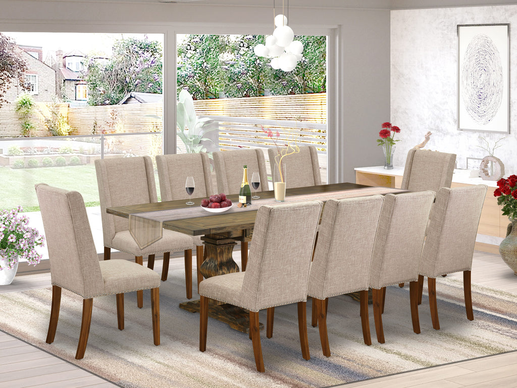 LAFL1E-HA-VB 11-Piece Kitchen Set Rectangular Dining Table w/ Butterfly Leaf & 10 Fabric Parsons Chairs, 42x92, Jacobean