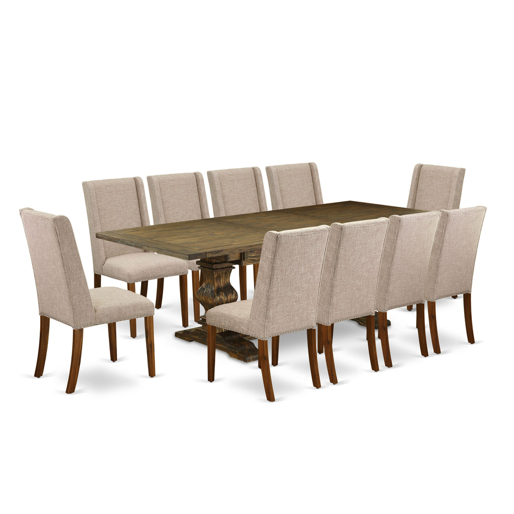 LAFL1E-HA-VB 11-Piece Kitchen Set Rectangular Dining Table w/ Butterfly Leaf & 10 Fabric Parsons Chairs, 42x92, Jacobean