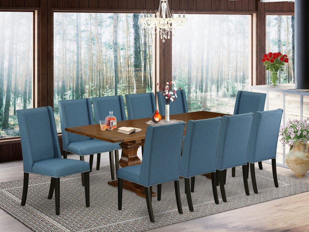 LAFL1T-D6-YN - Elegant 11 Pc Dining Collection Rectangular Table w/ Butterfly Leaf & 10 Blue Velvet Chairs, 42x92, Walnut Finish