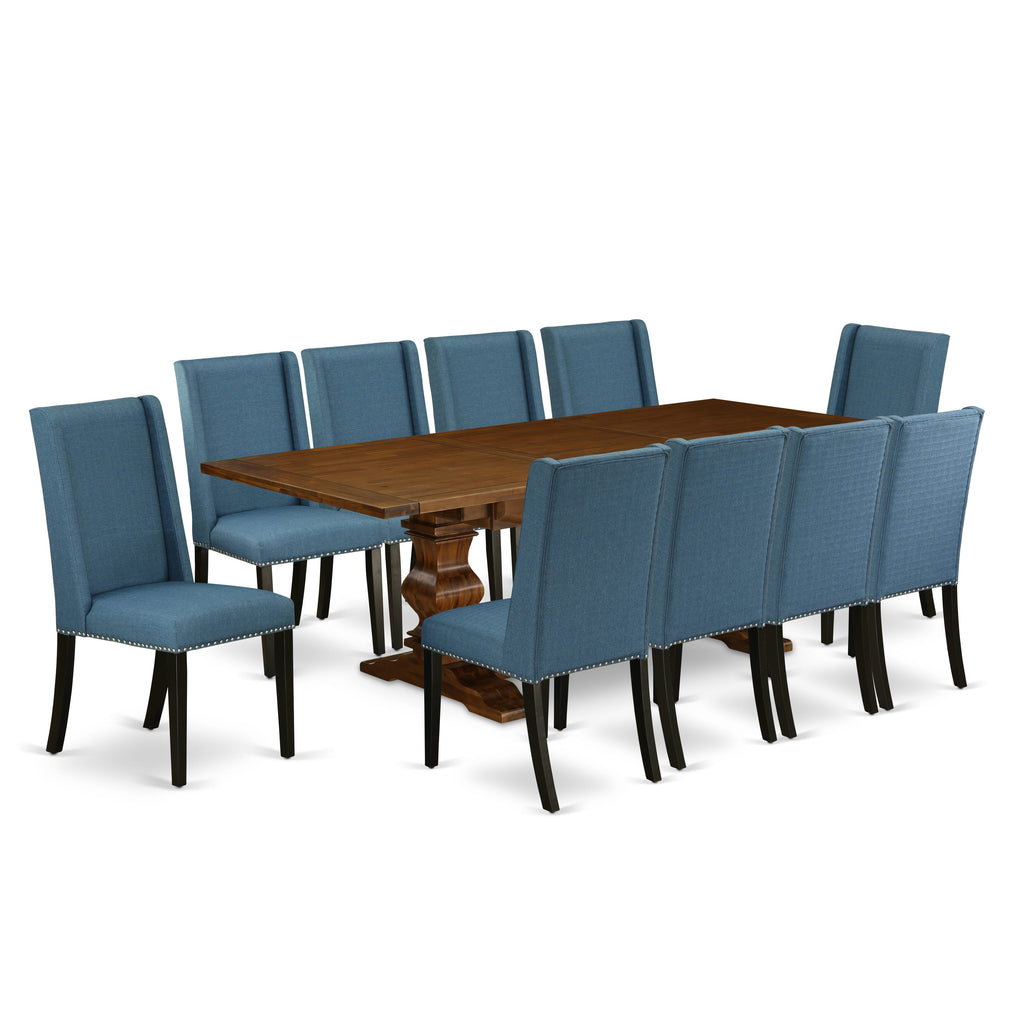 LAFL1T-D6-YN - Elegant 11 Pc Dining Collection Rectangular Table w/ Butterfly Leaf & 10 Blue Velvet Chairs, 42x92, Walnut Finish