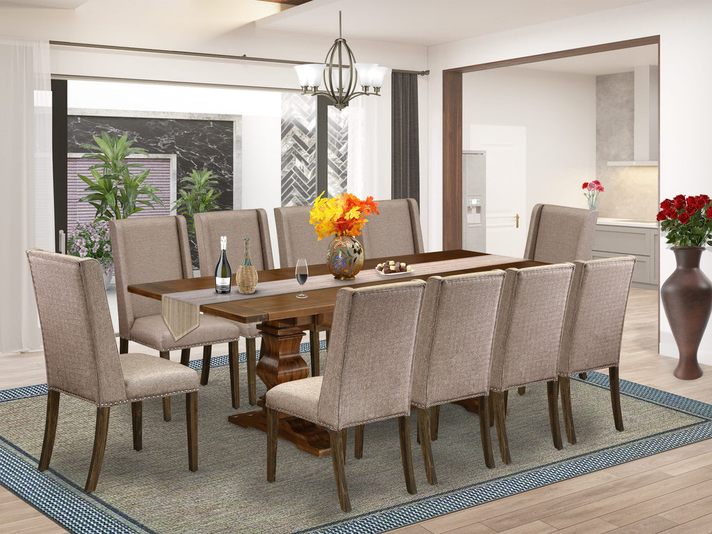 LAFL1G-OK-MG 11-Piece Dining Ensemble with Walnut Table and Khaki Parson Chairs, 42x92 Inch