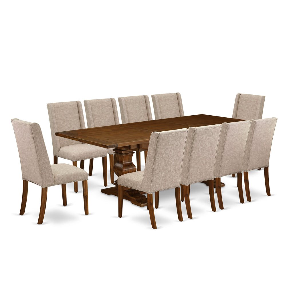 LAFL1L-PV-6I Luxurious 11-Piece Dining Ensemble with Rectangular Table, Expansive Leaf & Plush Linen Seating in Walnut