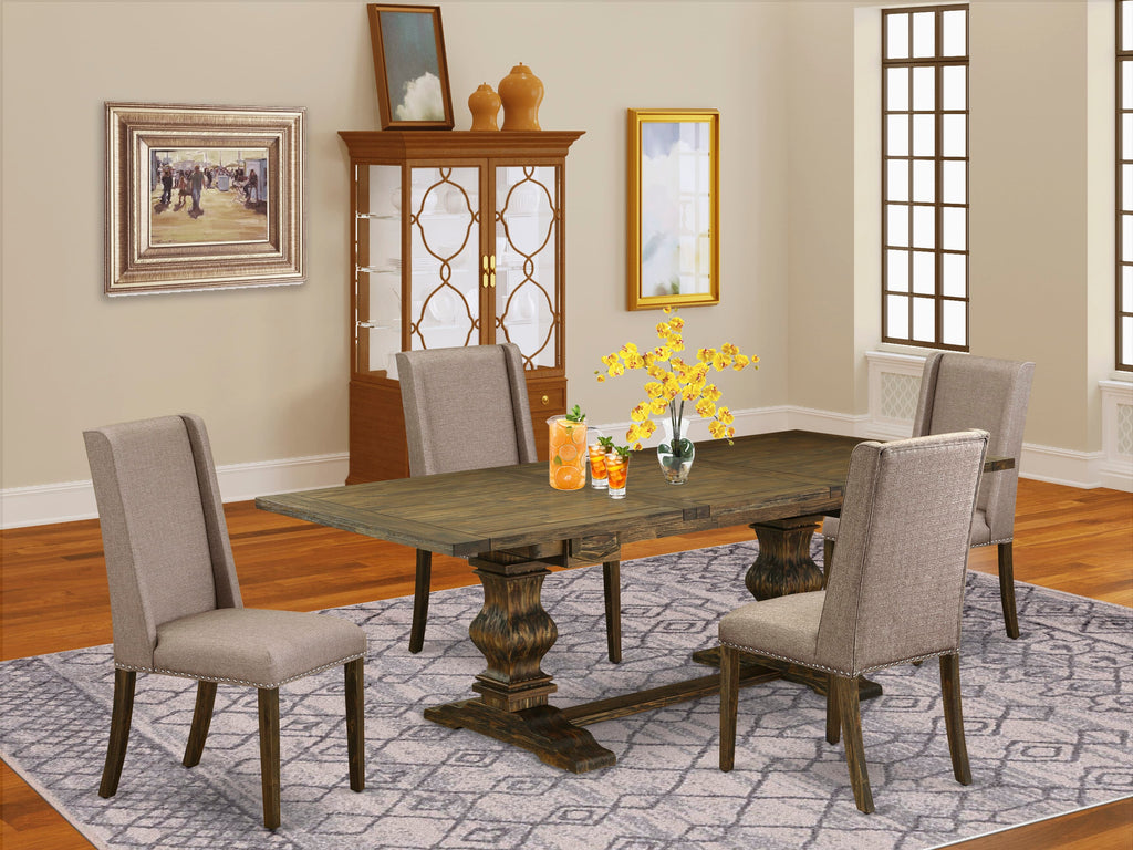 LAFL5-6C-G2 5pc Dining Set with Extendable Table & 4 Linen Upholstered Chairs in Jacobean, 42x92 Inch