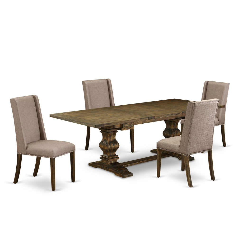LAFL5-6C-G2 5pc Dining Set with Extendable Table & 4 Linen Upholstered Chairs in Jacobean, 42x92 Inch