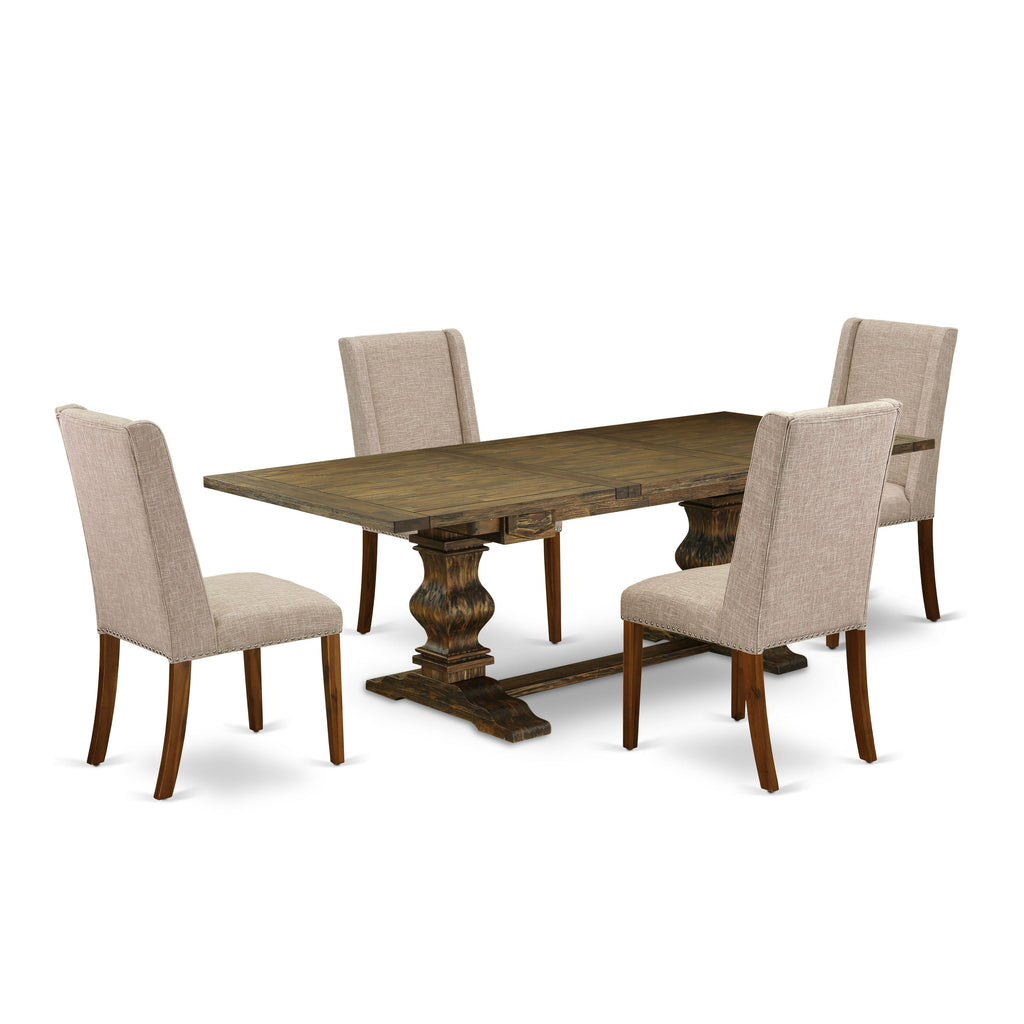 LAFL5-XE-33 Elegant Five-Piece Dining Set with Rectangular Table and Tan Fabric Chairs, Expandable Butterfly Design, Jacobean