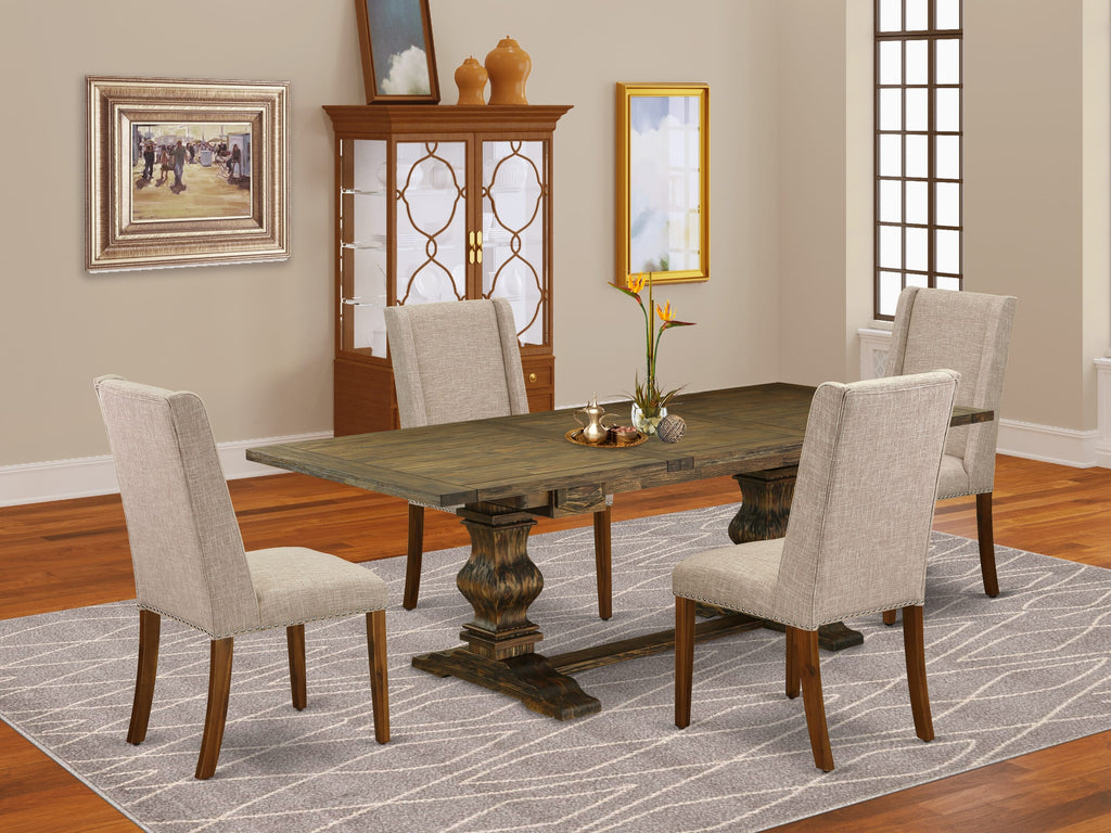 LAFL5-XE-33 Elegant Five-Piece Dining Set with Rectangular Table and Tan Fabric Chairs, Expandable Butterfly Design, Jacobean