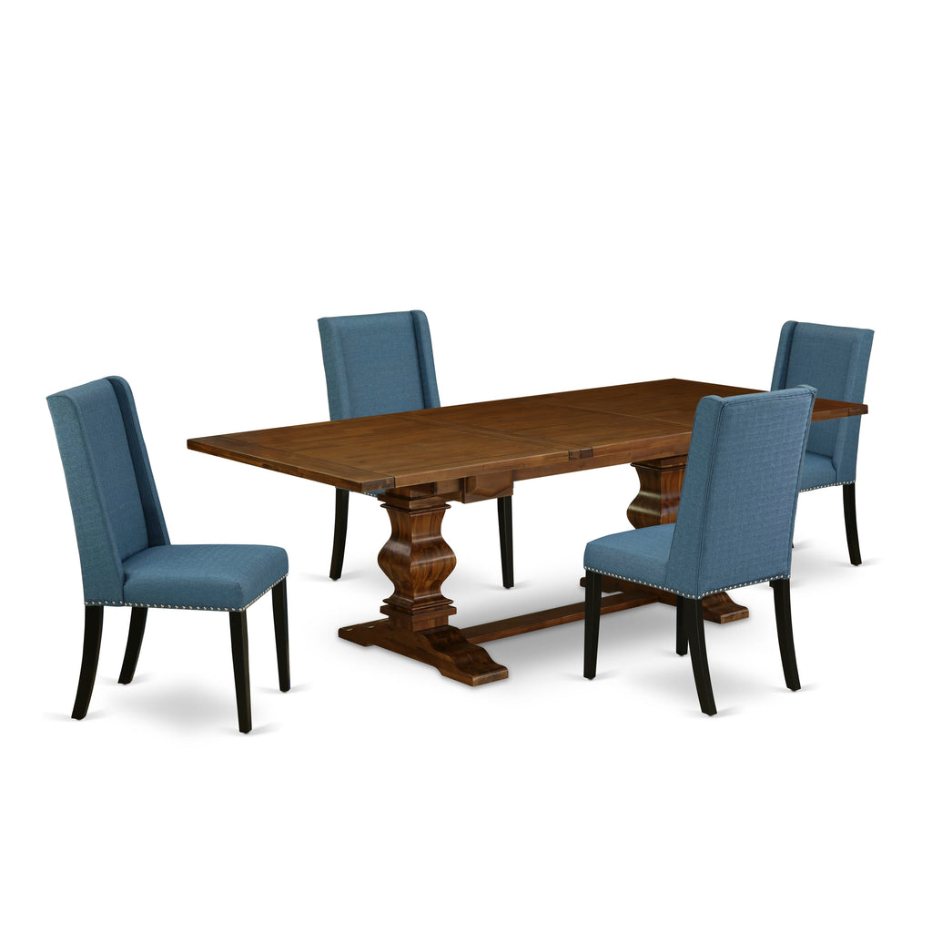 LAFL5-K4-DP 5 Piece Dining Set with Rectangular Expandable Table and 4 Blue Fabric Chairs, 42x92, Walnut